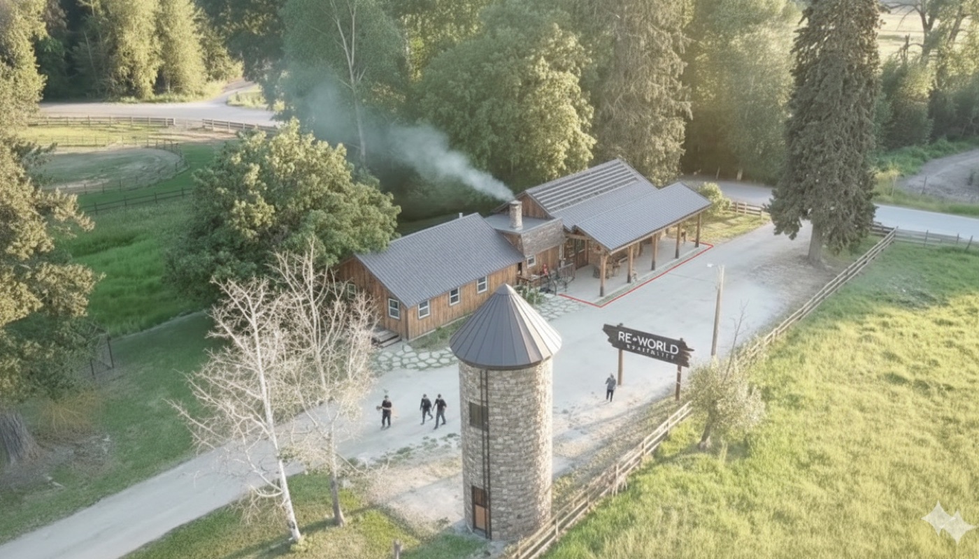 The admin farmhouse and stone silo at the entry, from above