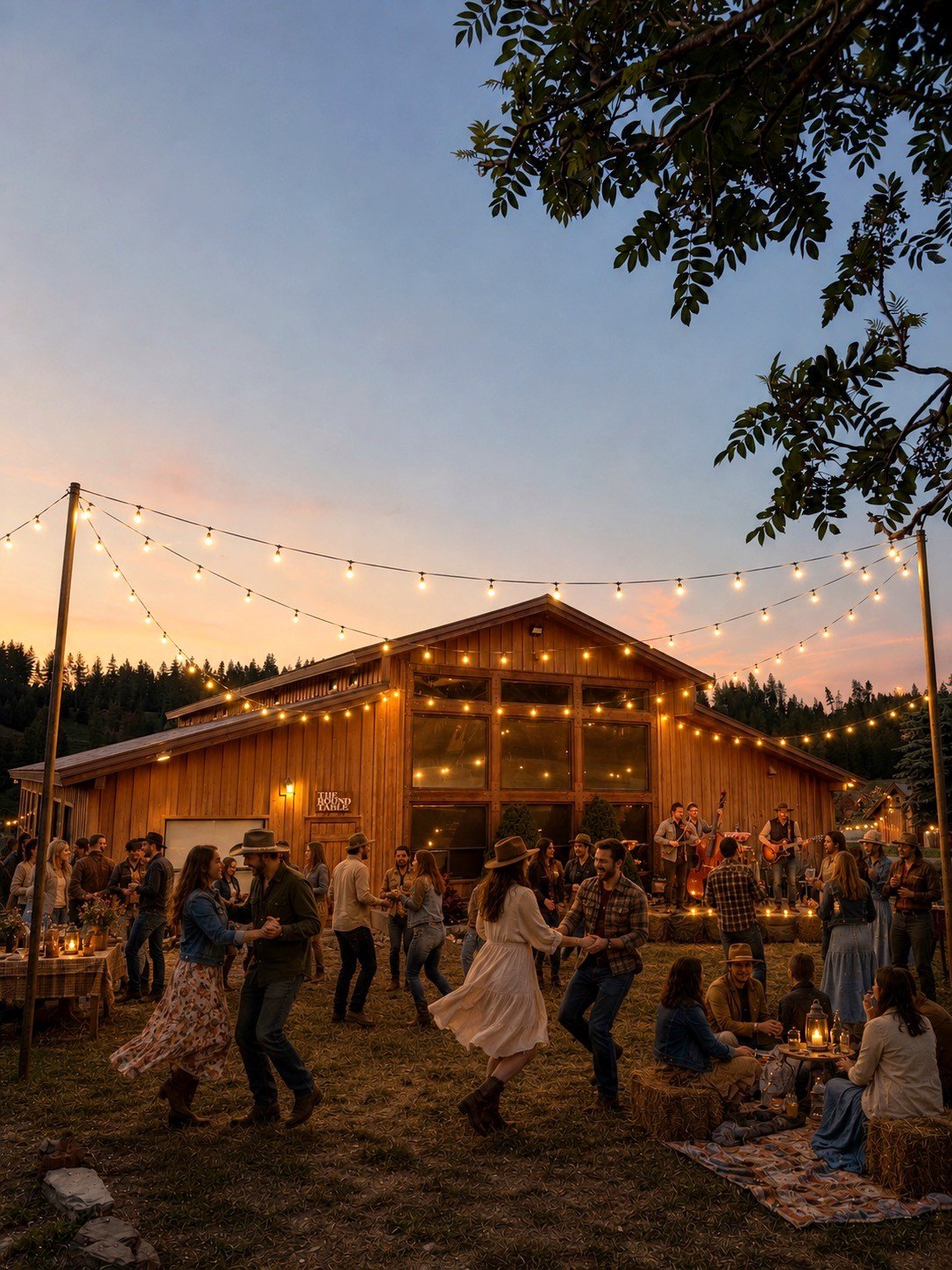Dancers under string lights outside the barn at dusk