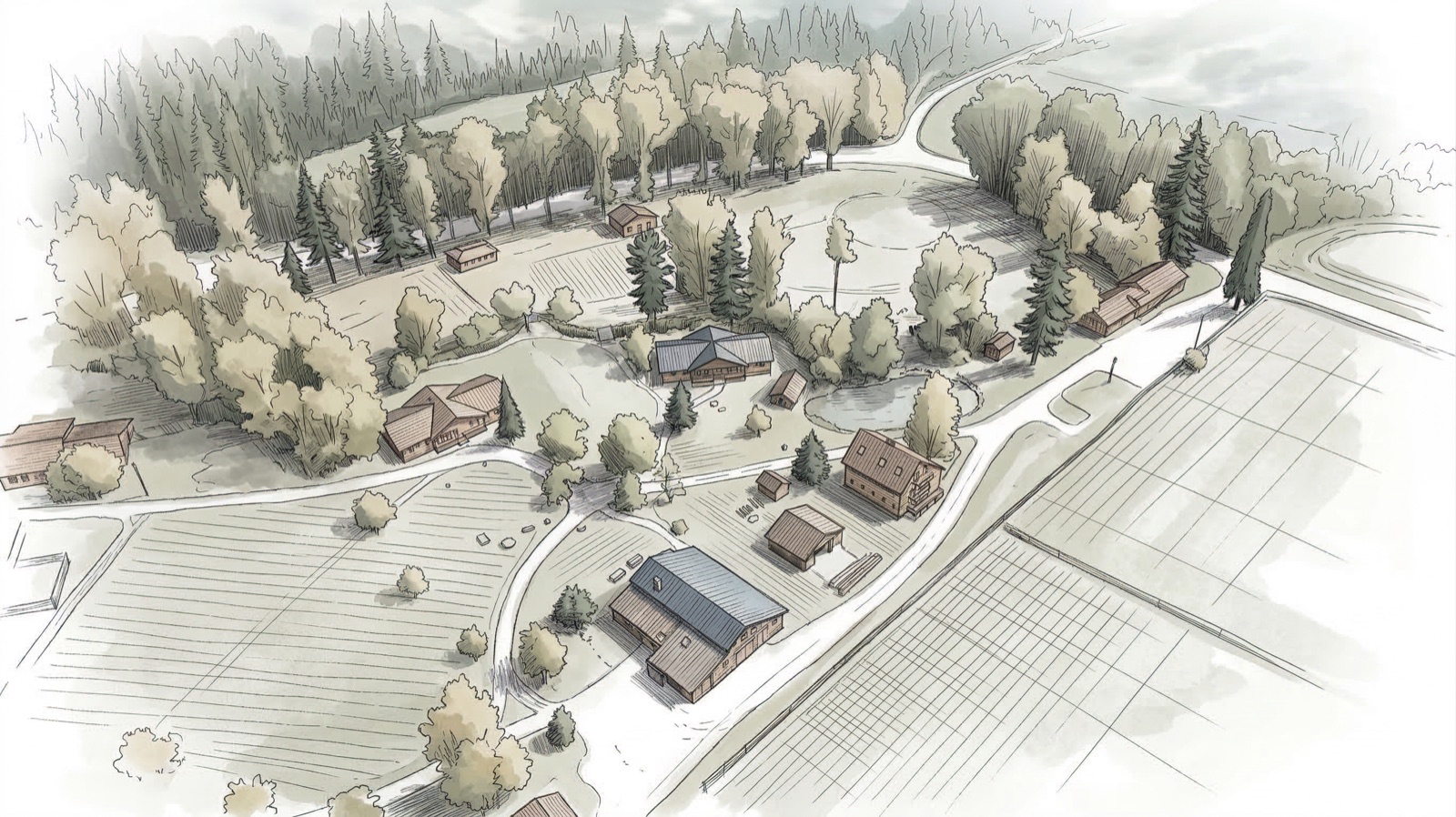 Watercolor sketch of the lower campus from above: the barn, the dining hall, cabins, fields, and the tree line