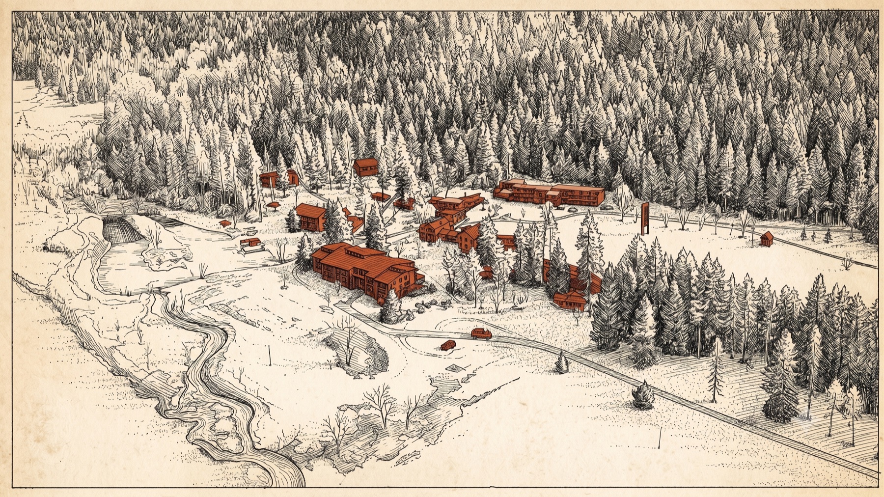 Ink drawing of the Boulder Creek campus from above: red-roofed buildings in a meadow, the creek, and the forest behind